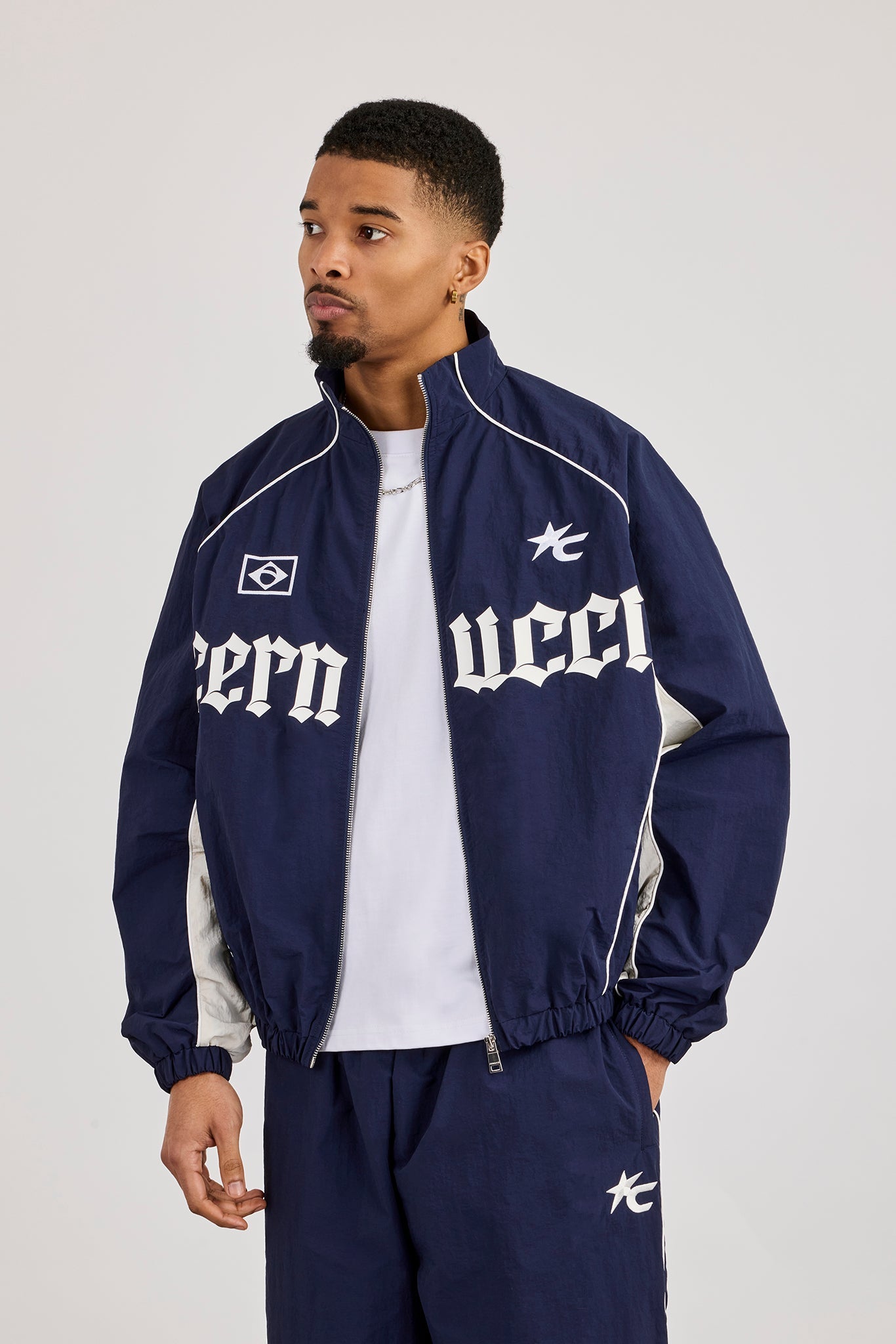 Oversized Nylon Panelled Track Top - Navy